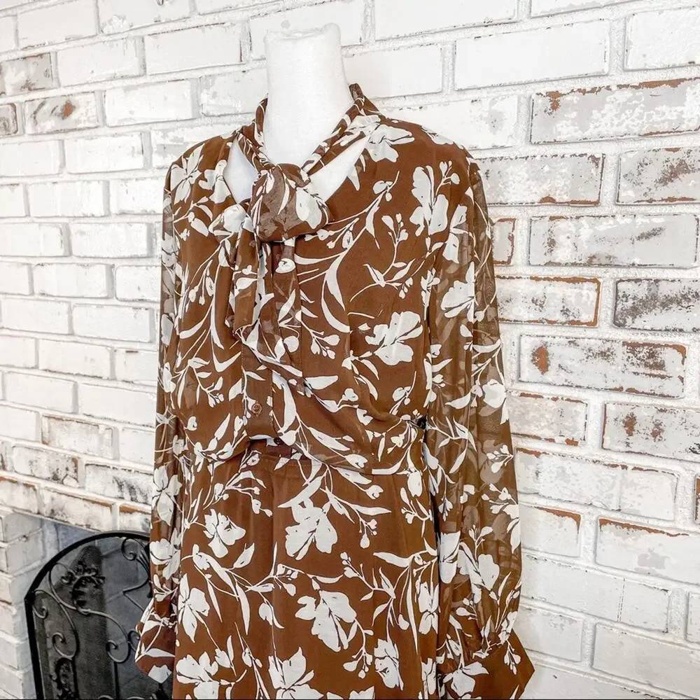 Lane Bryant Tie Neck Bow Brown and Off White Floral Sheer Midi Dress 22